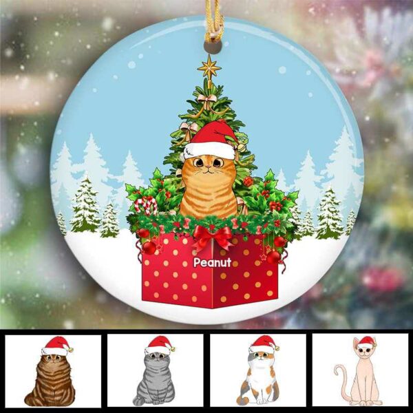 Ornament Christmas Gift Box Cats Personalized Circle Ornament Ceramic / Pack 1