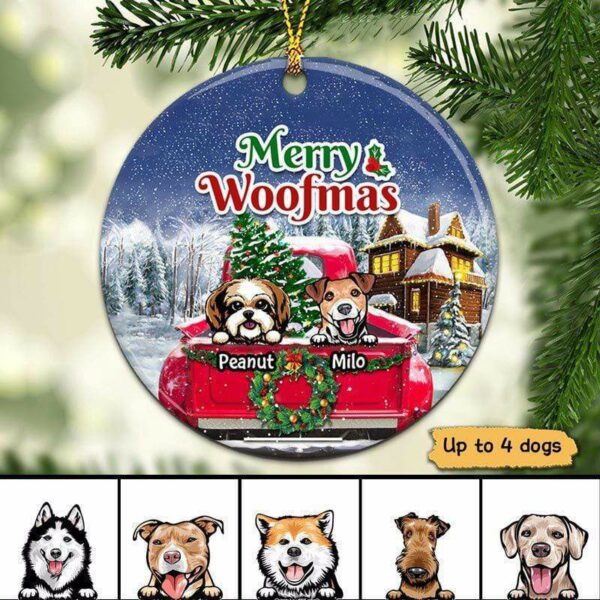 Ornament Christmas Truck Peeking Dogs Personalized Circle Ornament Ceramic / Pack 1