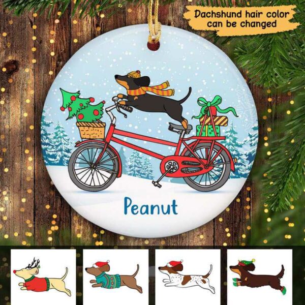 Ornament Dachshund On Christmas Bicycle Personalized Circle Ornament Ceramic / Pack 1