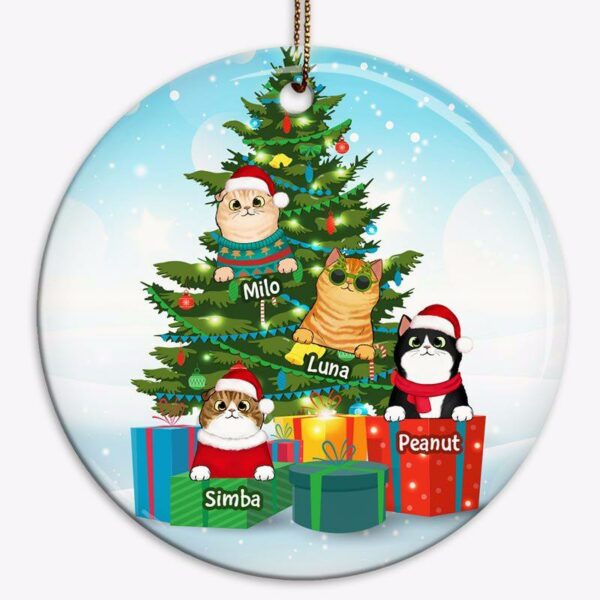 Ornament Fluffy Cat On Tree Gift Box Christmas Personalized Decorative Circle Ornament