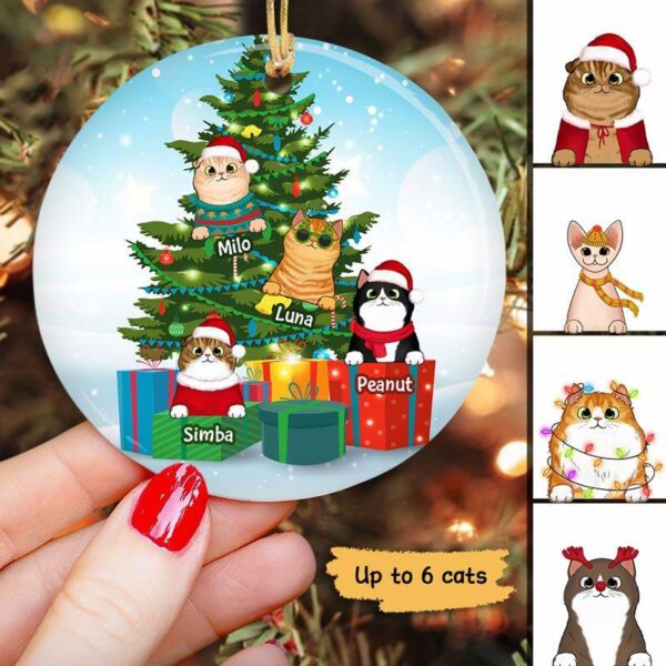 Ornament Fluffy Cat On Tree Gift Box Christmas Personalized Decorative Circle Ornament Ceramic / Pack 1