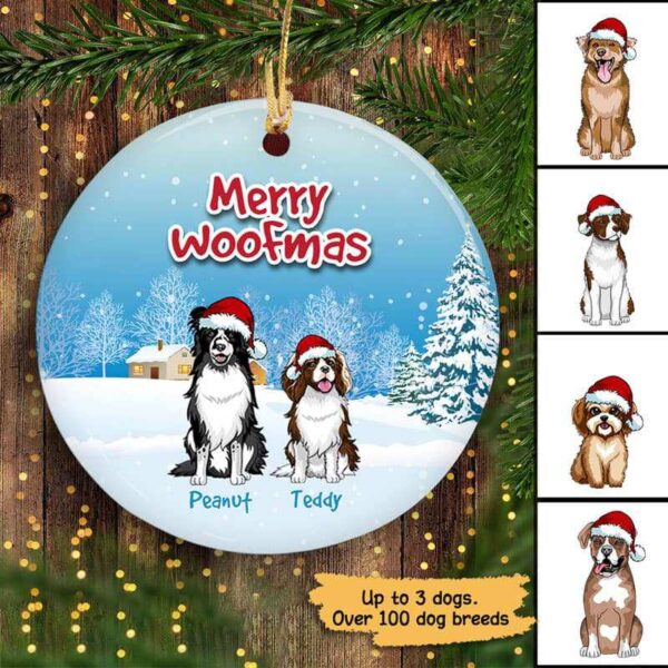 Ornament Merry Woofmas Sitting Dogs Christmas Personalized Decorative Circle Ornament Ceramic / Pack 1