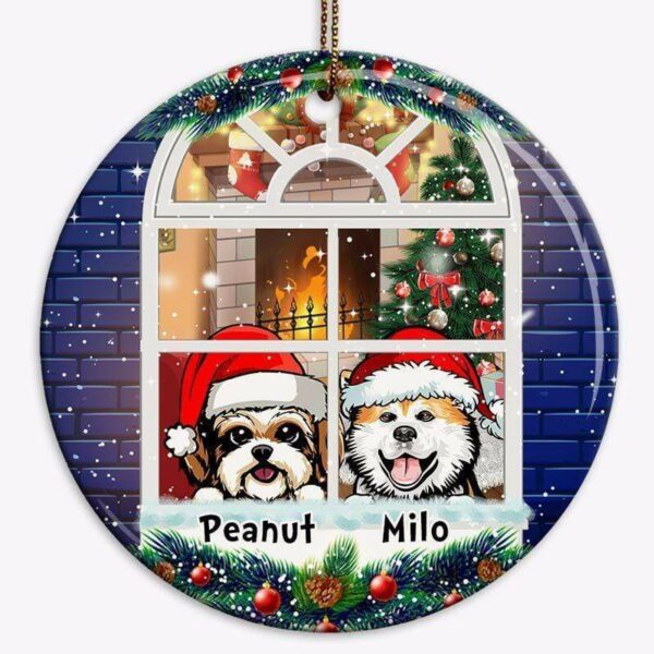 Ornament Peeking Dogs Looking Outside Window Christmas Personalized Circle Ornament
