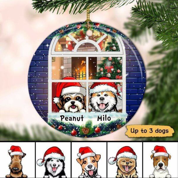 Ornament Peeking Dogs Looking Outside Window Christmas Personalized Circle Ornament Ceramic / Pack 1