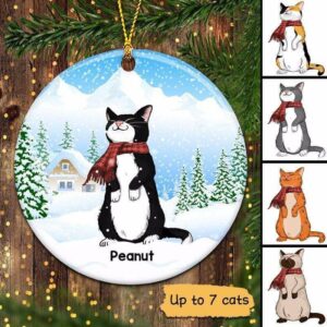 Ornament Standing Cats In Snow Personalized Circle Ornament Ceramic / Pack 1