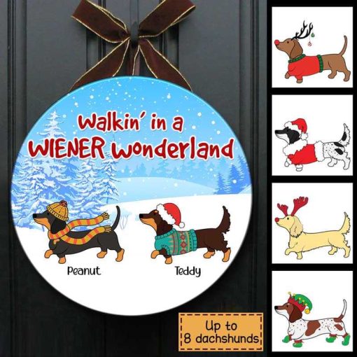 Wood Sign Dachshund Wiener Wonderland Personalized Door Hanger Sign 10"x10"