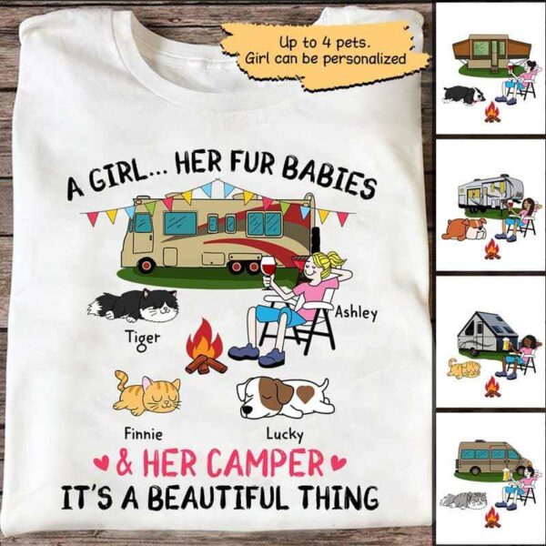 Apparel A Camping Girl And Her Fur Babies Personalized Shirt Classic Tee / White Classic Tee / S