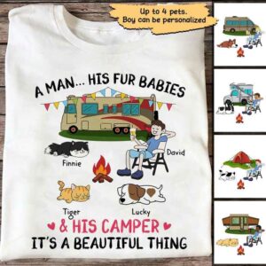 Apparel A Camping Man And His Fur Babies Personalized Shirt Classic Tee / White Classic Tee / S