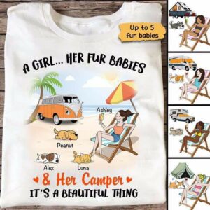 Apparel A Camping Summer Girl And Her Dogs Cats Personalized Shirt Classic Tee / White Classic Tee / S