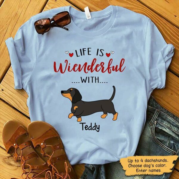 Apparel Dog Life Is Wienderful With Dachshund Personalized Dog Shirt Classic Tee / Light Blue Classic Tee / S