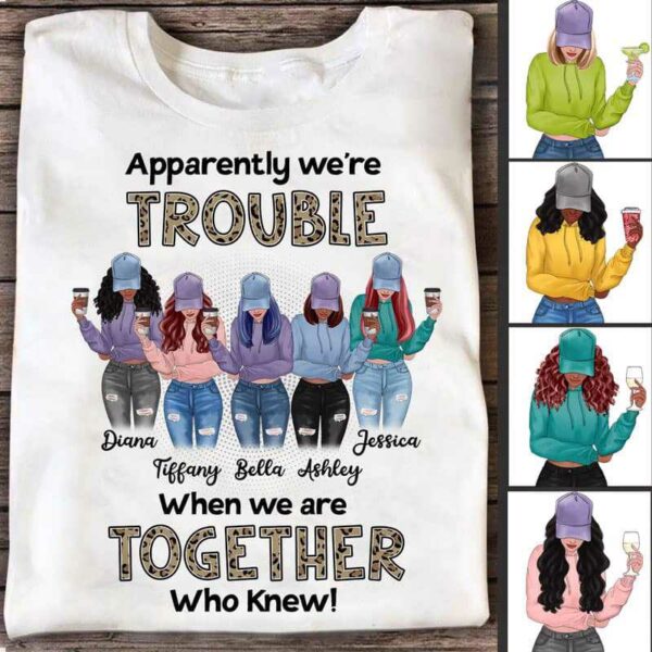 Apparel Leopard We‘re Trouble Besties Front View Personalized Shirt (5 Besties) Classic Tee / White Classic Tee / S