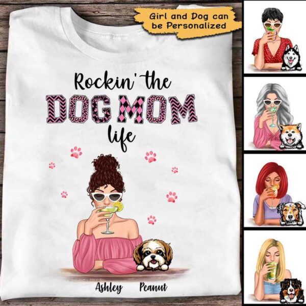 Apparel Rockin‘ Dog Mom Life Pink Patterned Cocktail Girl Personalized Shirt Classic Tee / White Classic Tee / S