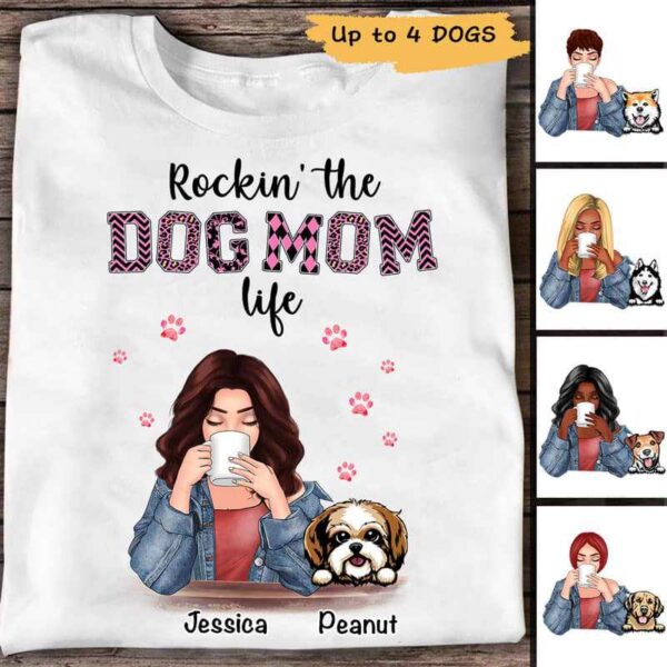 Apparel Rockin‘ The Dog Mom Life Red Patterned Personalized Shirt Classic Tee / White Classic Tee / S