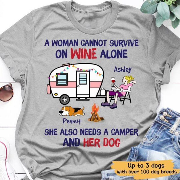 Apparel Survive On Wine And Dog Camping Woman Personalized Dog Shirt Classic Tee / Ash Classic Tee / S