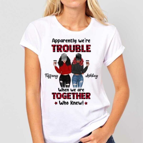 Apparel We're Trouble Besties Front View Red Plaid Personalized Shirt