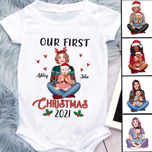 Baby Onesie Our First Christmas Mom & Baby Personalized Baby Onesie Baby Onesie / White / 6 Month