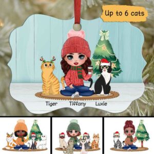 Christmas Ornament A Doll Girl And Her Cartoon Cat Personalized Christmas Ornament Pack 1