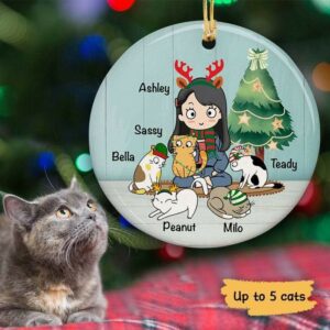 Circle Ornament A Girl And Her Cats Personalized Cat Decorative Christmas Ornament Pack 1