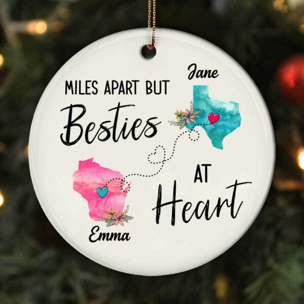 Circle Ornament Besties At Heart Watercolor Flower States Personalized Circle Ornament