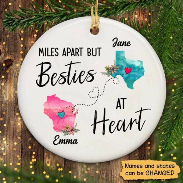 Circle Ornament Besties At Heart Watercolor Flower States Personalized Circle Ornament Pack 1