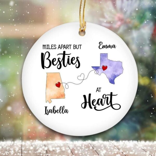 Circle Ornament Besties At Heart Watercolor Outline State Long Distance Personalized Circle Ornament