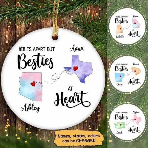 Circle Ornament Besties At Heart Watercolor Outline State Long Distance Personalized Circle Ornament Pack 1