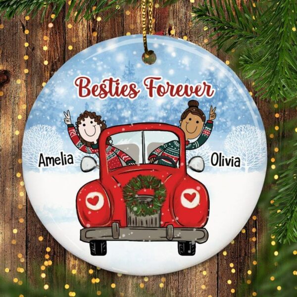Circle Ornament Besties In Christmas Car Personalized Circle Ornament
