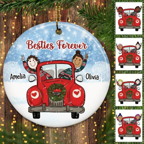 Circle Ornament Besties In Christmas Car Personalized Circle Ornament Pack 1