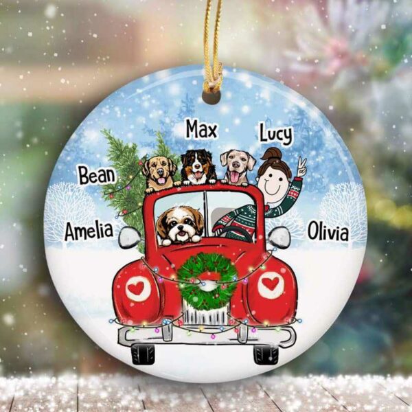 Circle Ornament Christmas Truck A Girl And Her Dogs Personalized Circle Ornament