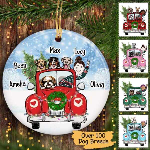 Circle Ornament Christmas Truck A Girl And Her Dogs Personalized Circle Ornament Pack 1