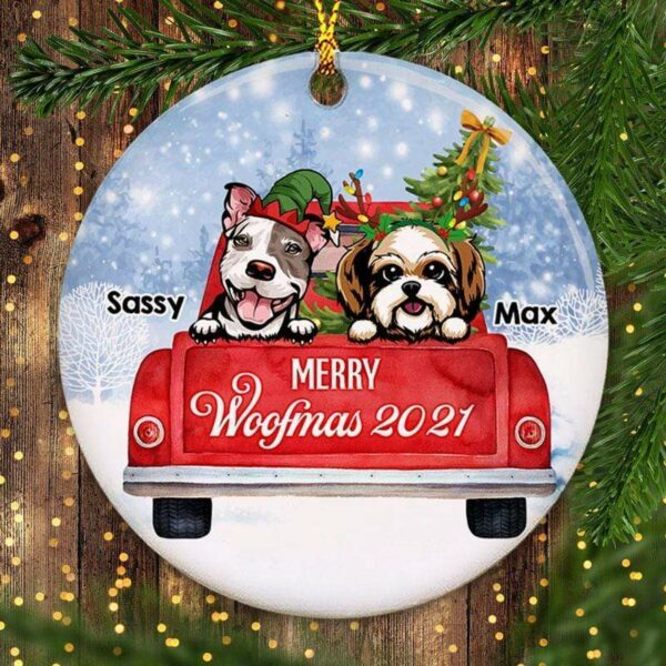 Circle Ornament Dog Merry Woofmas Christmas Truck Personalized Circle Decorative Christmas Ornament Pack 1