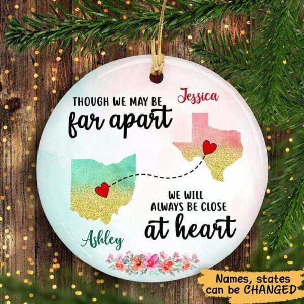 Circle Ornament Half Watercolor States Long Distance Relationship Gift Besties Personalized Circle Ornament Pack 1