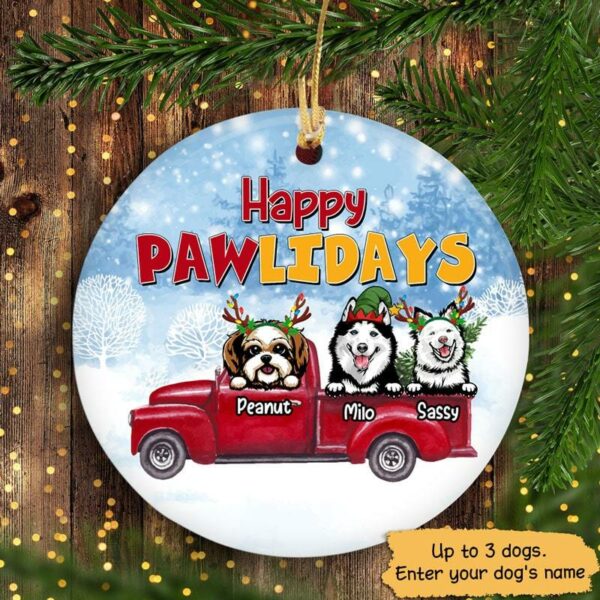 Circle Ornament Happy Pawlidays Dogs Personalized Dog Decorative Christmas Ornament Pack 2