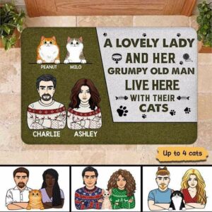 Doormat A Lovely Lady Her Grumpy Old Man Cats Personalized Doormat 16x24