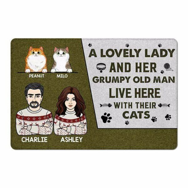 Doormat A Lovely Lady Her Grumpy Old Man Cats Personalized Doormat