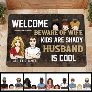 Doormat Beware Of Wife Kid Husband Personalized Doormat 16x24