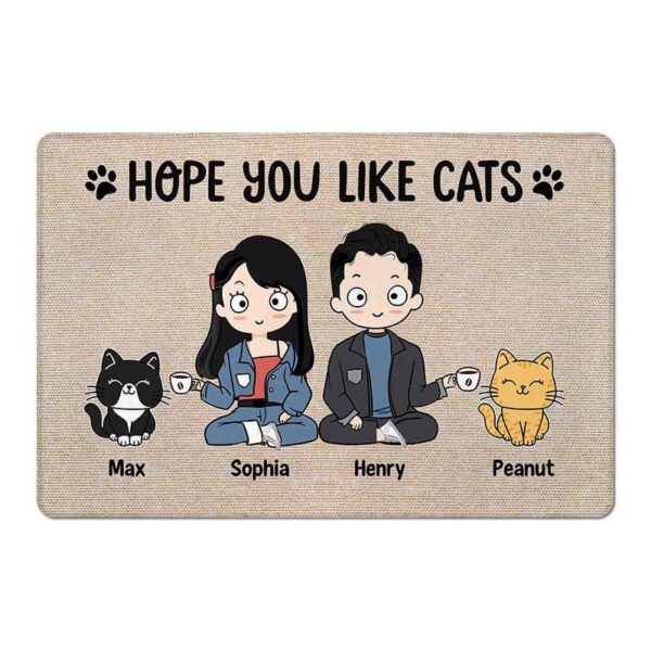 Doormat Chibi Couple And Cats Personalized Doormat