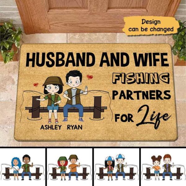 Doormat Chibi Husband Wife Fishing Partners For Life Personalized Doormat 16x24