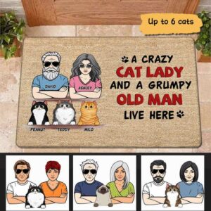Doormat Crazy Cat Lady & Grumpy Old Man Live Here With Cats Personalized Doormat 16x24
