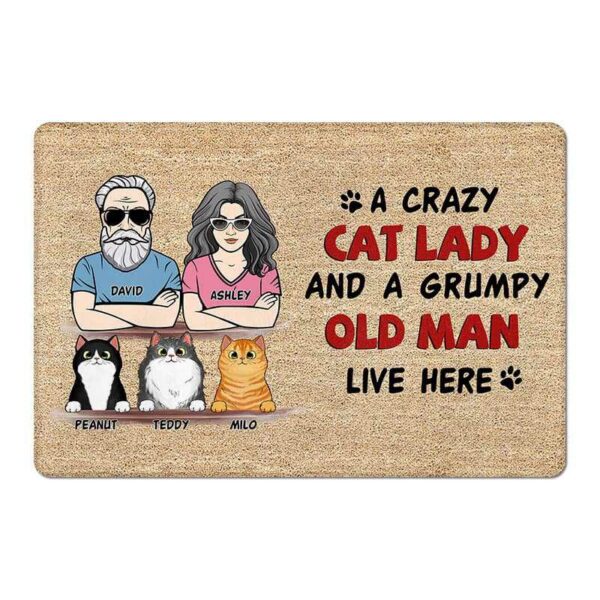 Doormat Crazy Cat Lady & Grumpy Old Man Live Here With Cats Personalized Doormat