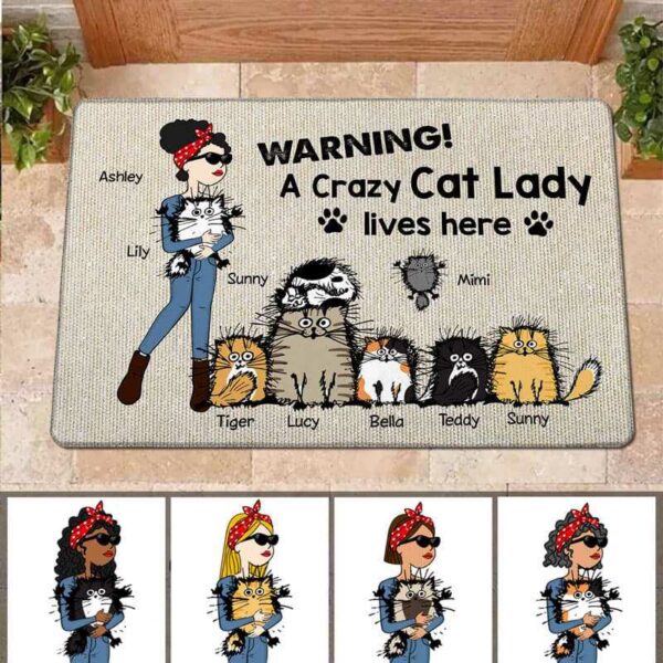 Doormat Crazy Cat Lady Live Here Stick Woman & Cat Personalized Doormat 18x30