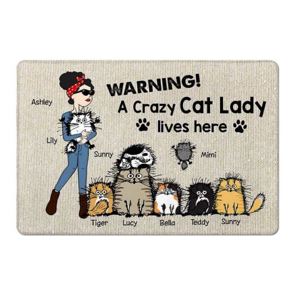 Doormat Crazy Cat Lady Live Here Stick Woman & Cat Personalized Doormat