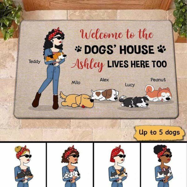 Doormat Dog Mom Just Lives Here With Sleeping Dogs Personalized Doormat 16x24