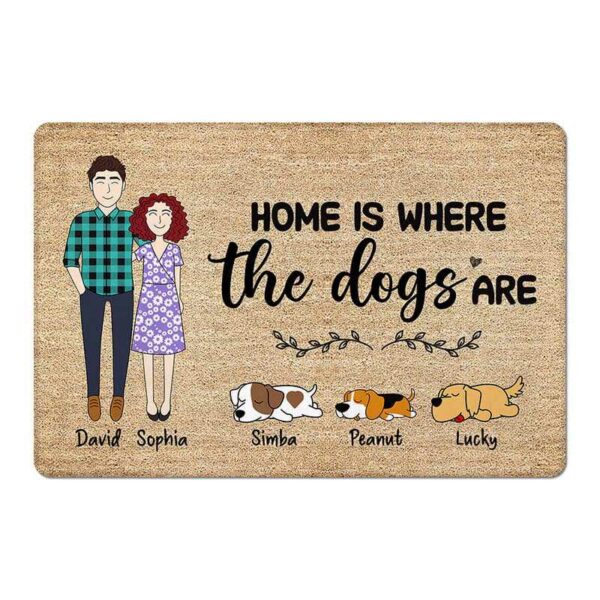 Doormat Doodle Couple & Dogs Personalized Doormat