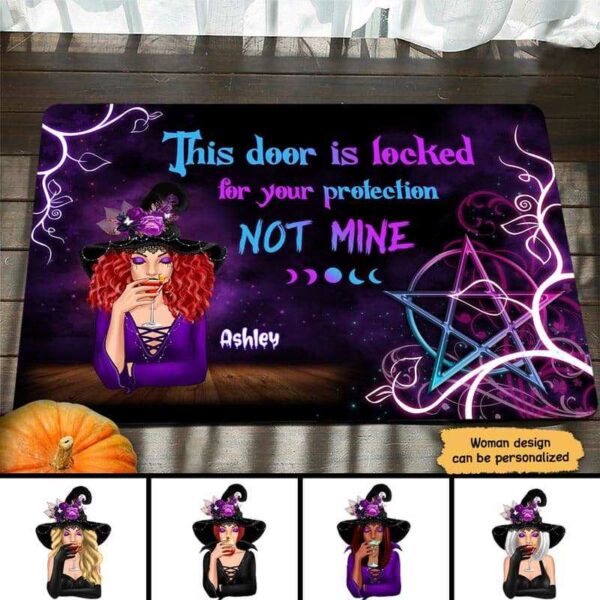 Doormat Door Is Locked For Your Protection Witch Halloween Personalized Doormat 16x24