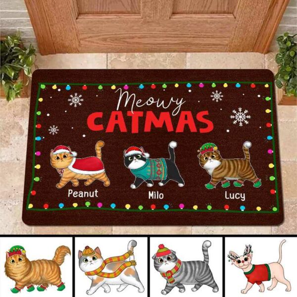 Doormat Fluffy Cats Walking Meowy Catmas Light String Personalized Doormat 16x24
