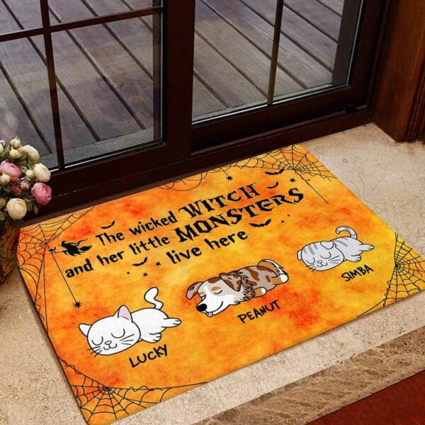Doormat Halloween Dog Cat Monsters & Wicked Witch Personalized Doormat 16x24