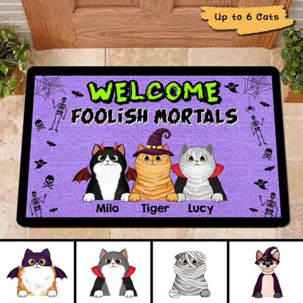 Doormat Halloween Fluffy Cats Welcome Foolish Mortals Personalized Doormat 16x24