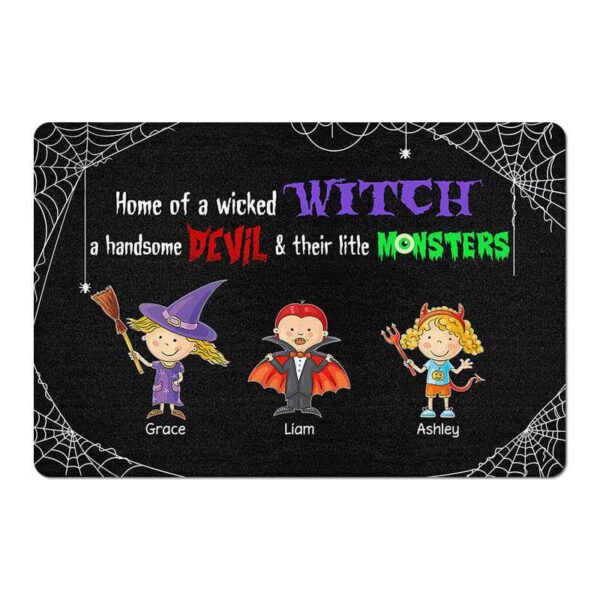 Doormat Halloween Wicked Witch Handsome Devil & Little Monsters Personalized Doormat