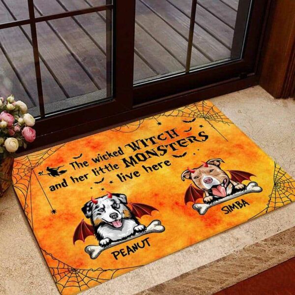 Doormat Halloween Wicked Witch & Little Monster Dog Personalized Doormat 16x24